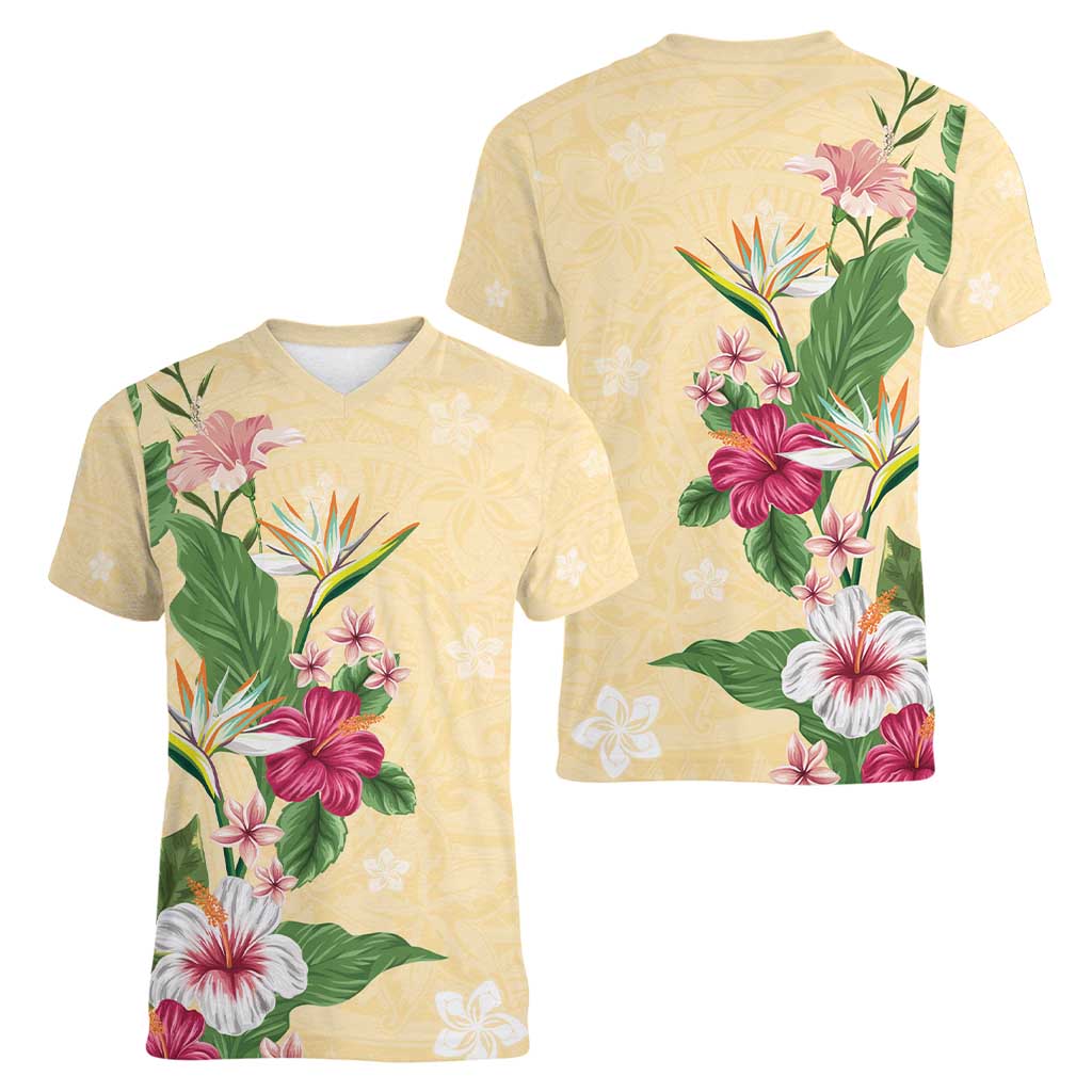 Hawaii Tropical Flowers Women V-Neck T-Shirt Polynesian Tattoo Buttermilk