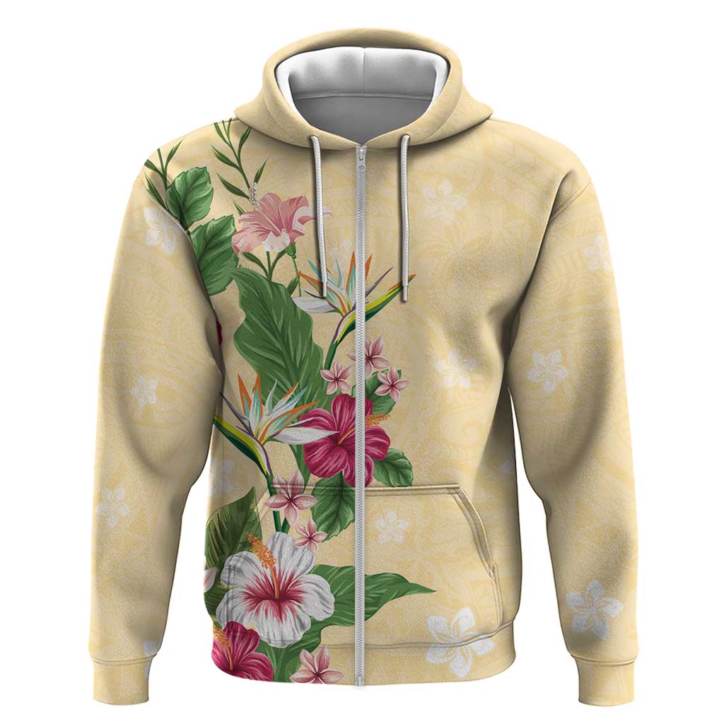Hawaii Tropical Flowers Zip Hoodie Polynesian Tattoo Buttermilk LT05 Zip Hoodie Beige - Polynesian Pride