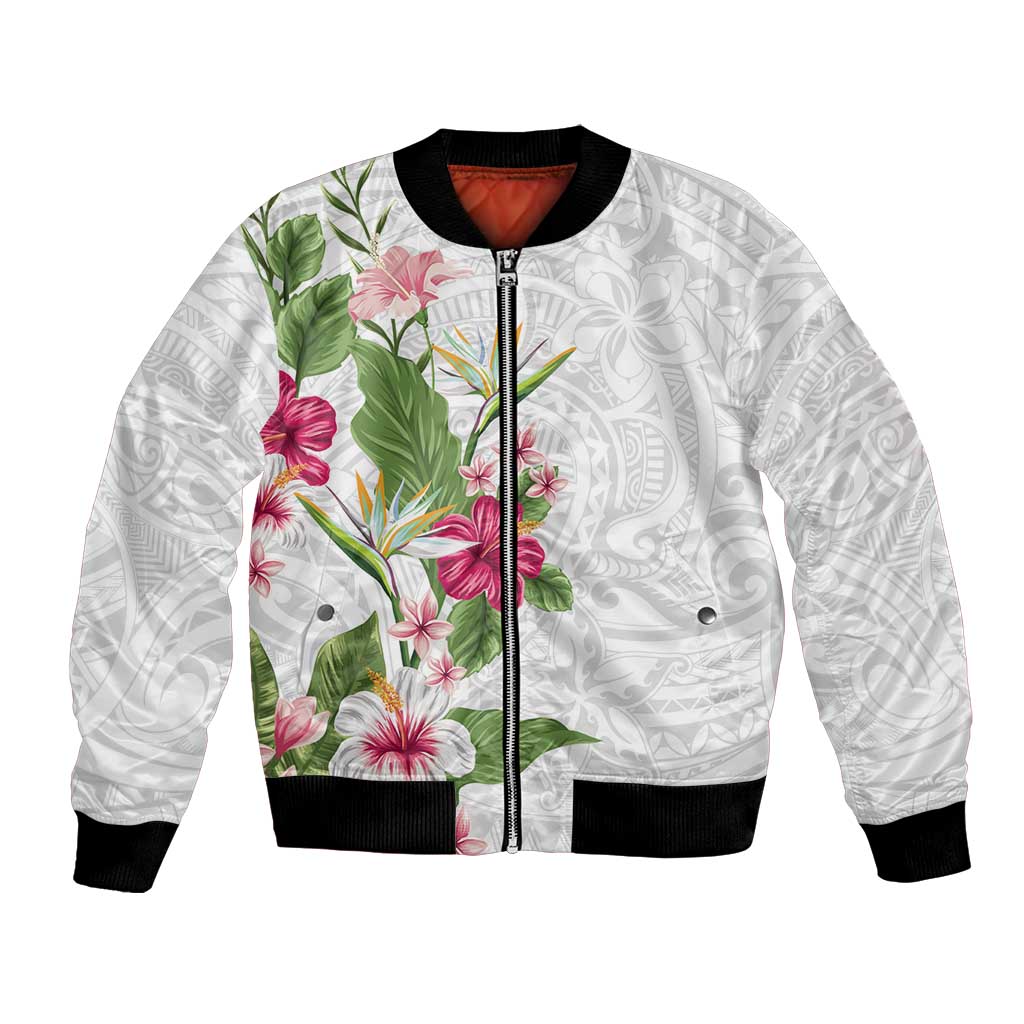 Hawaii Tropical Flowers Bomber Jacket Polynesian Tattoo White LT05 Unisex White - Polynesian Pride
