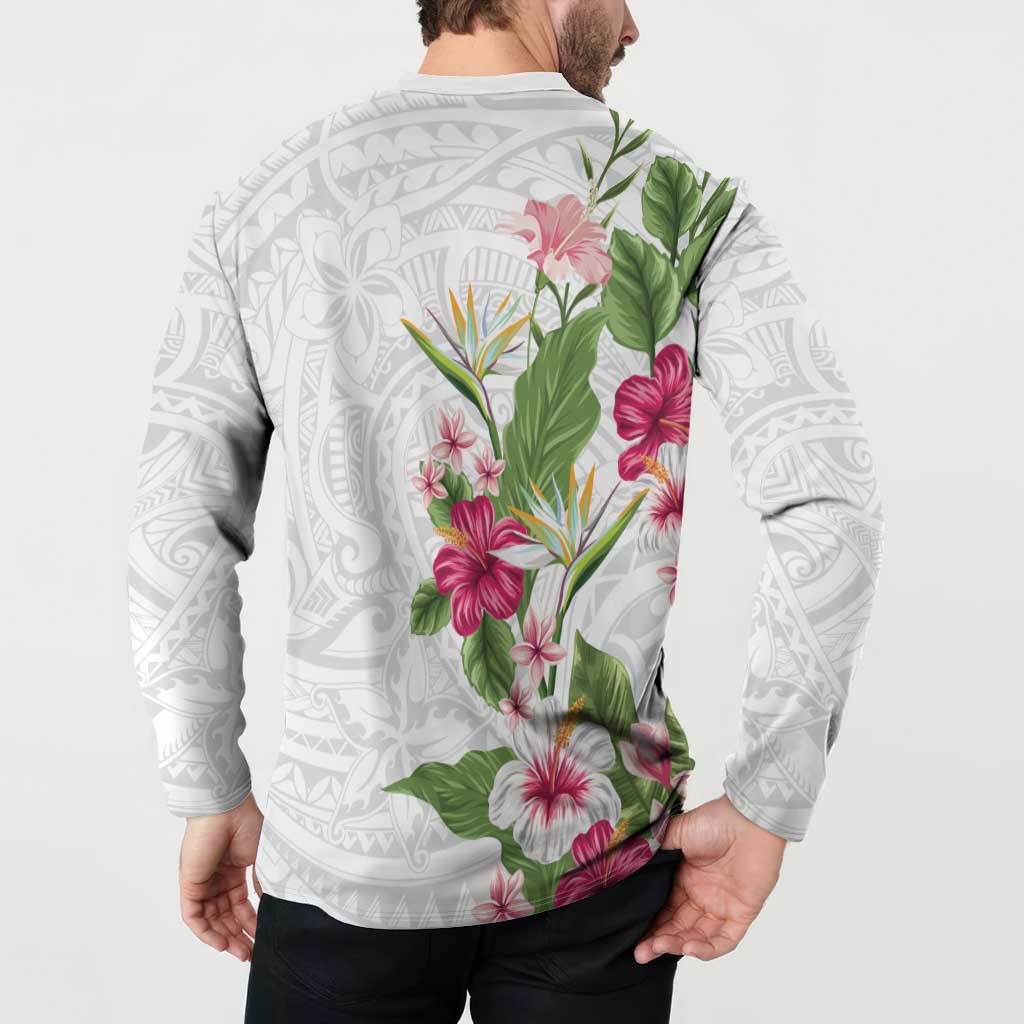 Hawaii Tropical Flowers Button Sweatshirt Polynesian Tattoo White