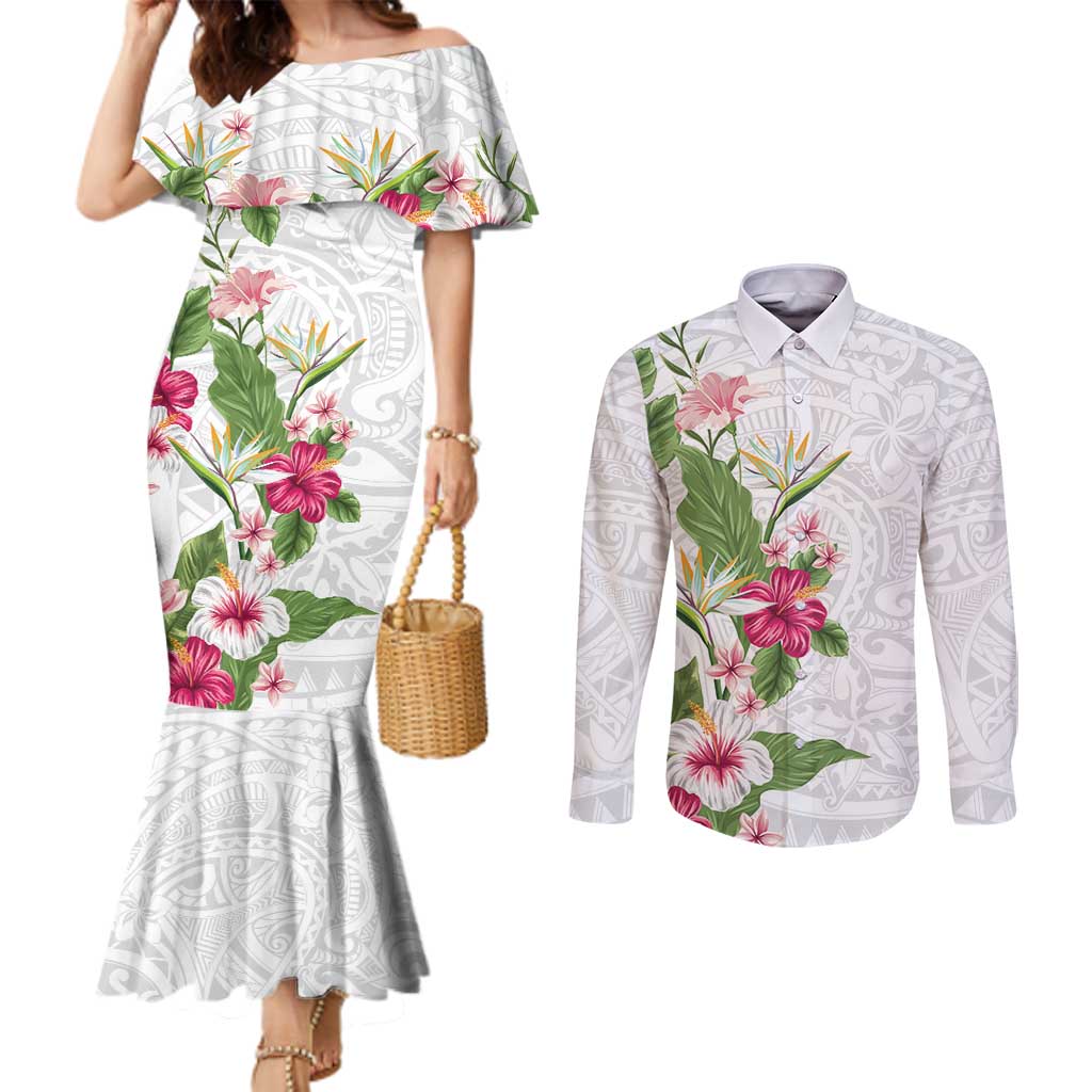 Hawaii Tropical Flowers Couples Matching Mermaid Dress and Long Sleeve Button Shirt Polynesian Tattoo White LT05 White - Polynesian Pride