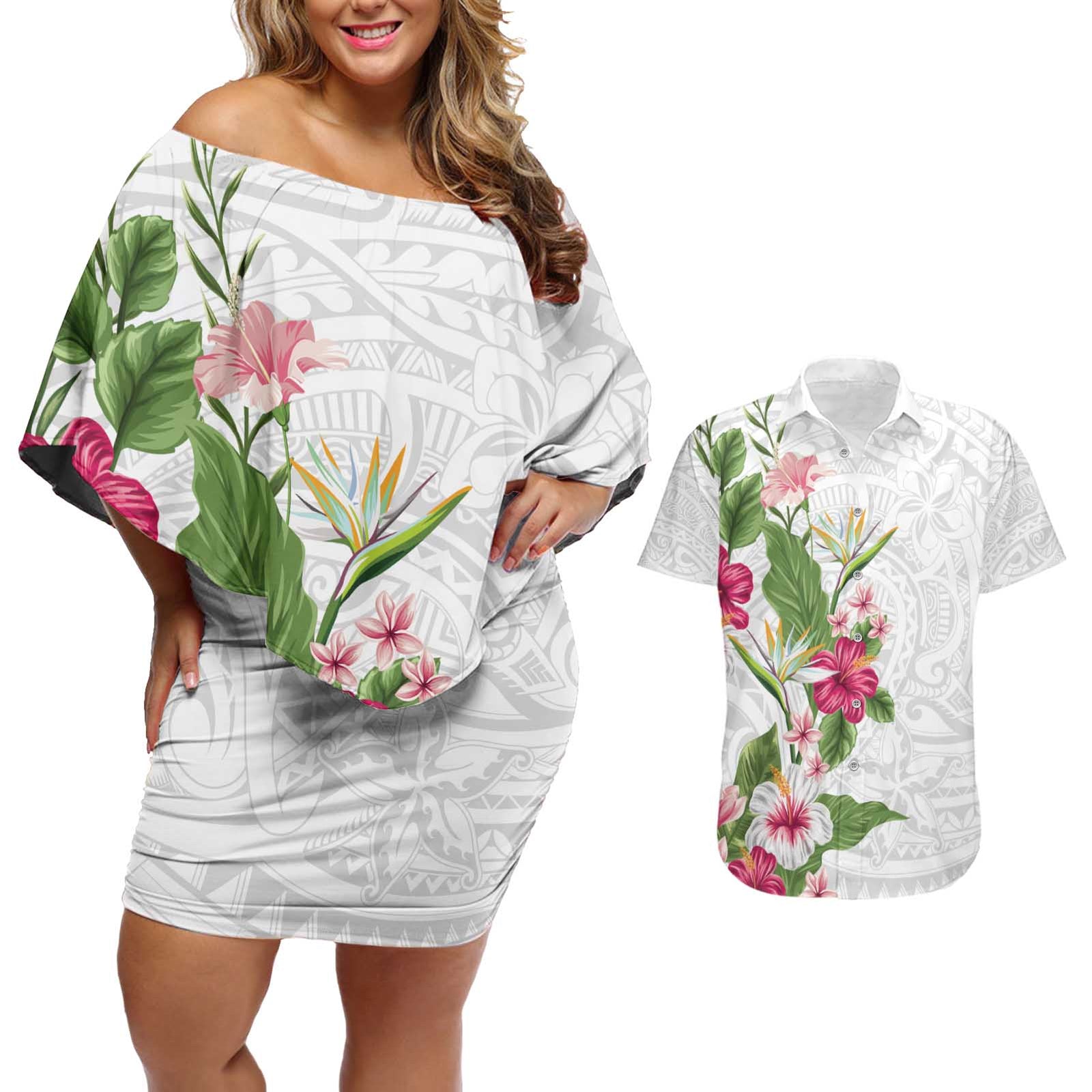 Hawaii Tropical Flowers Couples Matching Off Shoulder Short Dress and Hawaiian Shirt Polynesian Tattoo White LT05 White - Polynesian Pride