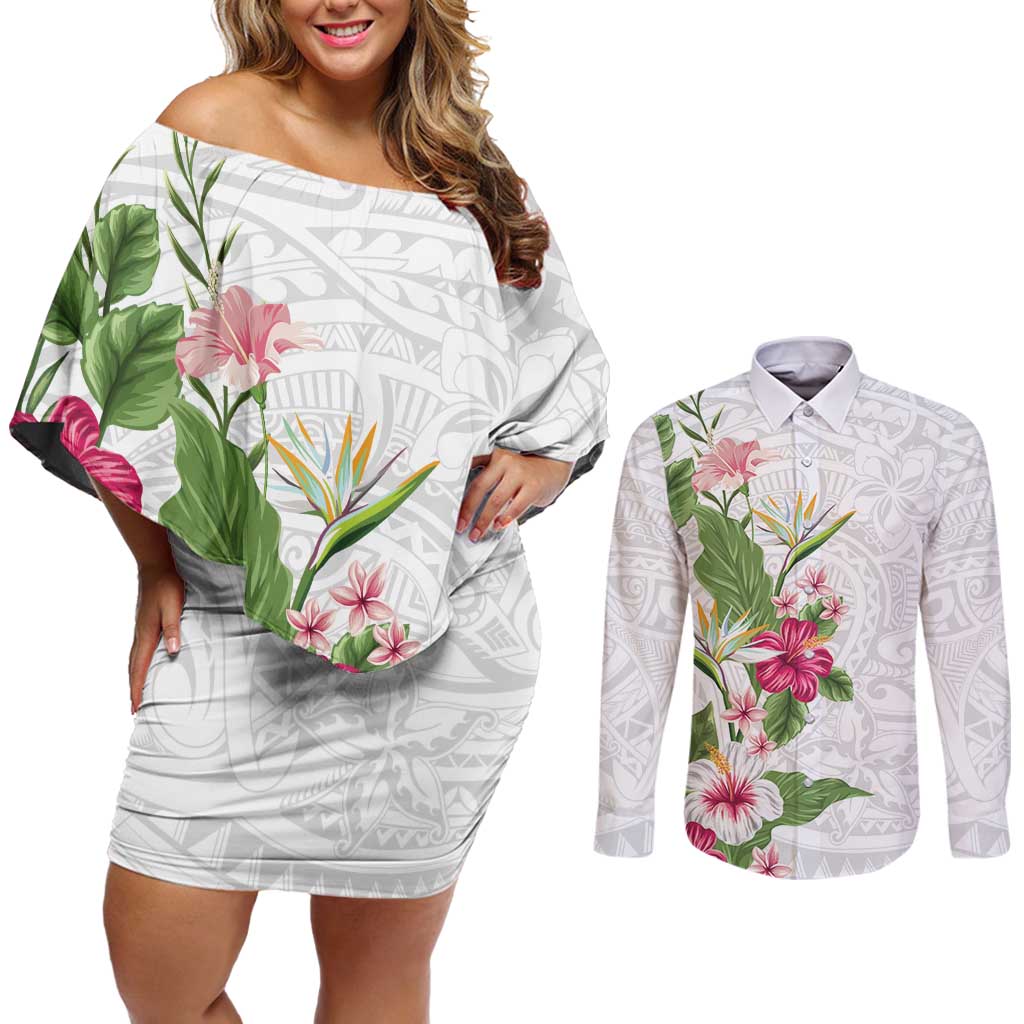 Hawaii Tropical Flowers Couples Matching Off Shoulder Short Dress and Long Sleeve Button Shirt Polynesian Tattoo White LT05 White - Polynesian Pride