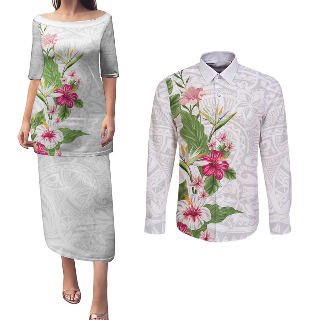 Hawaii Tropical Flowers Couples Matching Puletasi and Long Sleeve Button Shirt Polynesian Tattoo White LT05 White - Polynesian Pride