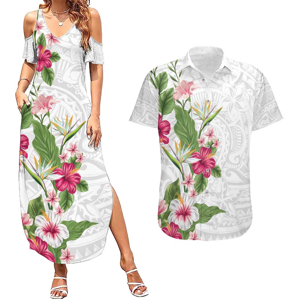 Hawaii Tropical Flowers Couples Matching Summer Maxi Dress and Hawaiian Shirt - Polynesian Tattoo White LT05 White - Polynesian Pride