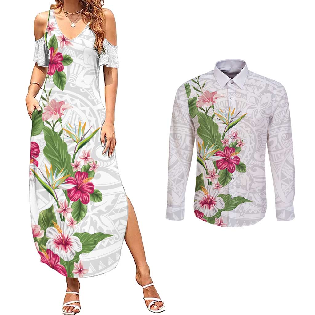 Hawaii Tropical Flowers Couples Matching Summer Maxi Dress and Long Sleeve Button Shirt Polynesian Tattoo White LT05 White - Polynesian Pride