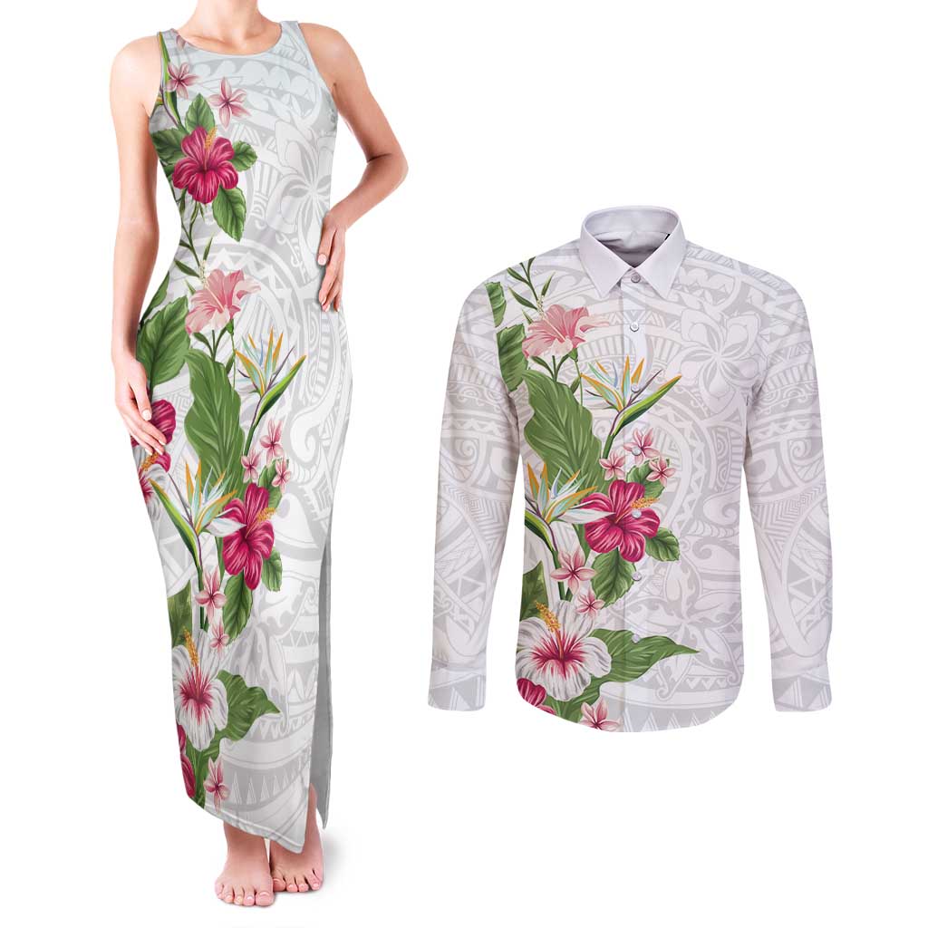Hawaii Tropical Flowers Couples Matching Tank Maxi Dress and Long Sleeve Button Shirt Polynesian Tattoo White