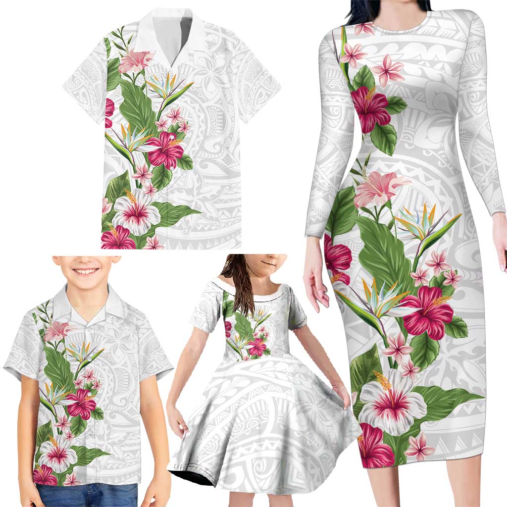 Hawaii Tropical Flowers Family Matching Long Sleeve Bodycon Dress and Hawaiian Shirt Polynesian Tattoo White