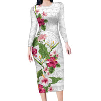 Hawaii Tropical Flowers Family Matching Long Sleeve Bodycon Dress and Hawaiian Shirt Polynesian Tattoo White