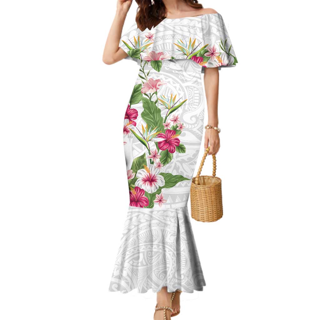 Hawaii Tropical Flowers Family Matching Mermaid Dress and Hawaiian Shirt Polynesian Tattoo White