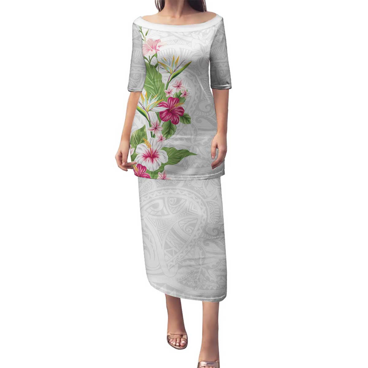 Hawaii Tropical Flowers Family Matching Puletasi and Hawaiian Shirt Polynesian Tattoo White