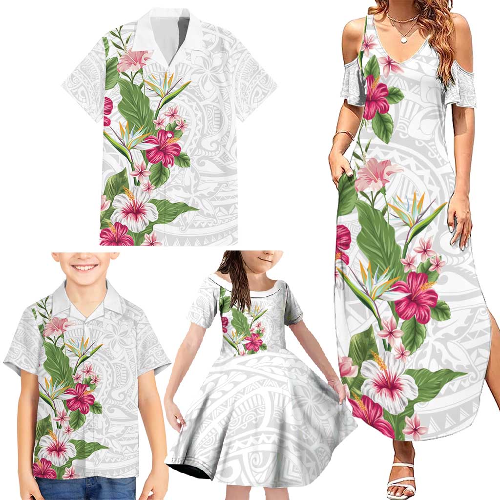 Hawaii Tropical Flowers Family Matching Summer Maxi Dress and Hawaiian Shirt Polynesian Tattoo White