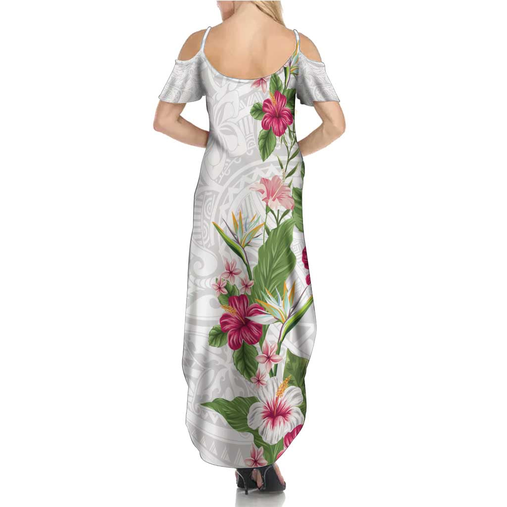 Hawaii Tropical Flowers Family Matching Summer Maxi Dress and Hawaiian Shirt Polynesian Tattoo White
