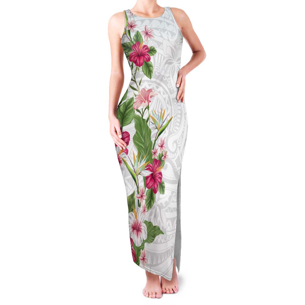 Hawaii Tropical Flowers Family Matching Tank Maxi Dress and Hawaiian Shirt Polynesian Tattoo White
