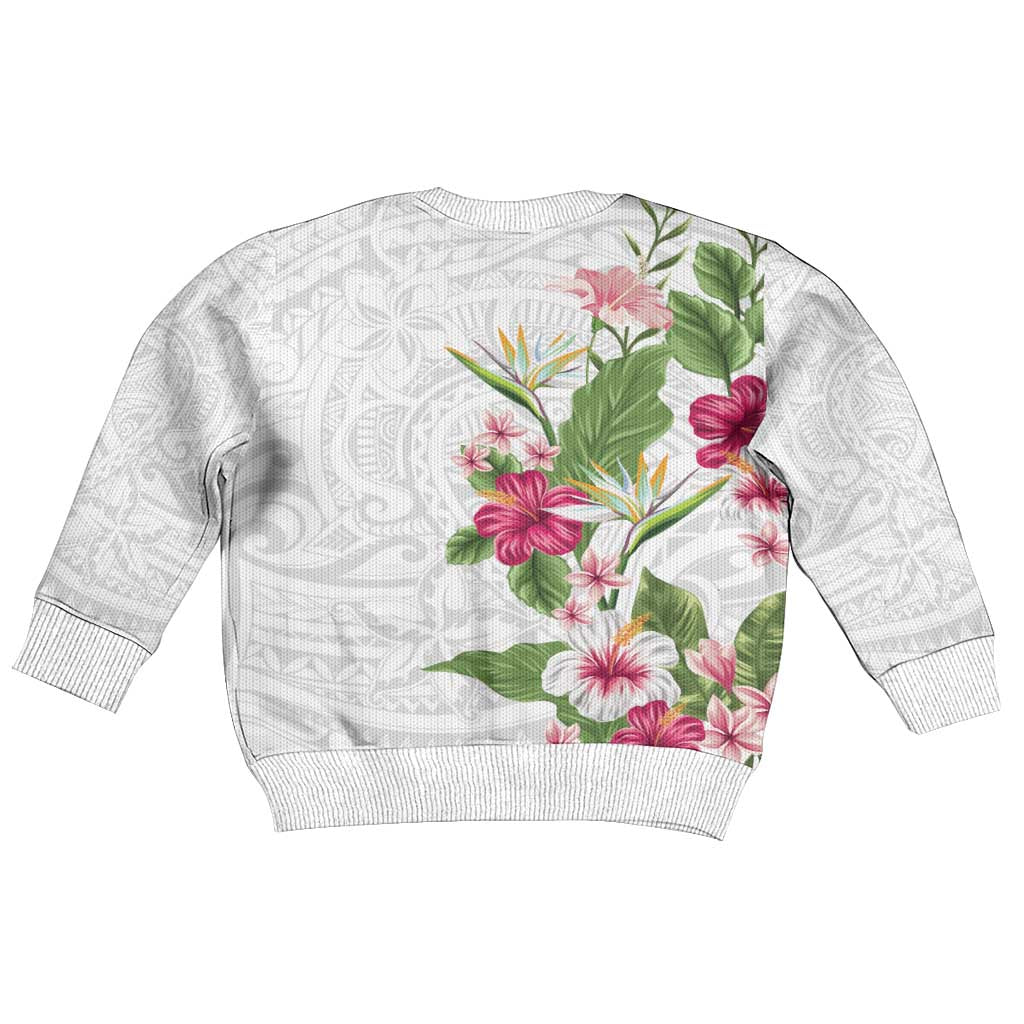 Hawaii Tropical Flowers Kid Ugly Christmas Sweater Polynesian Tattoo White