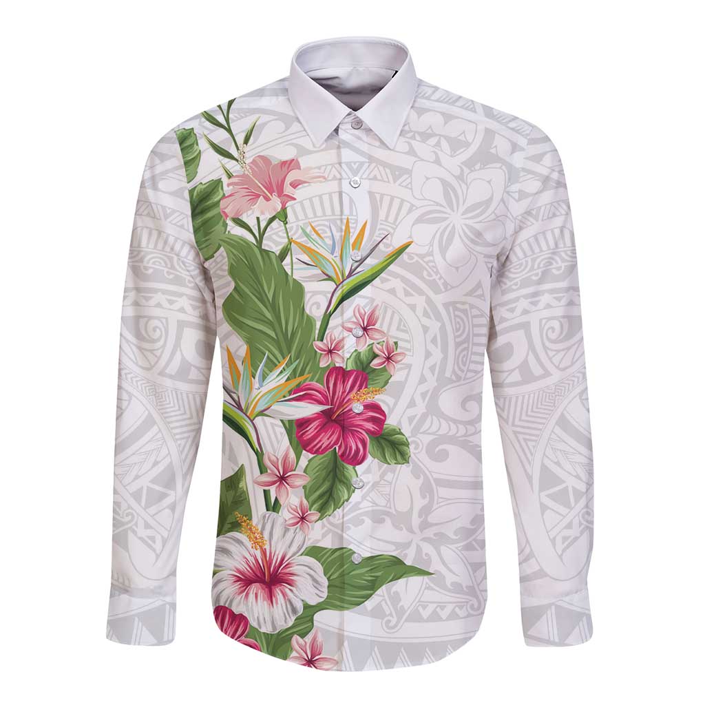 Hawaii Tropical Flowers Long Sleeve Button Shirt Polynesian Tattoo White LT05 Unisex White - Polynesian Pride