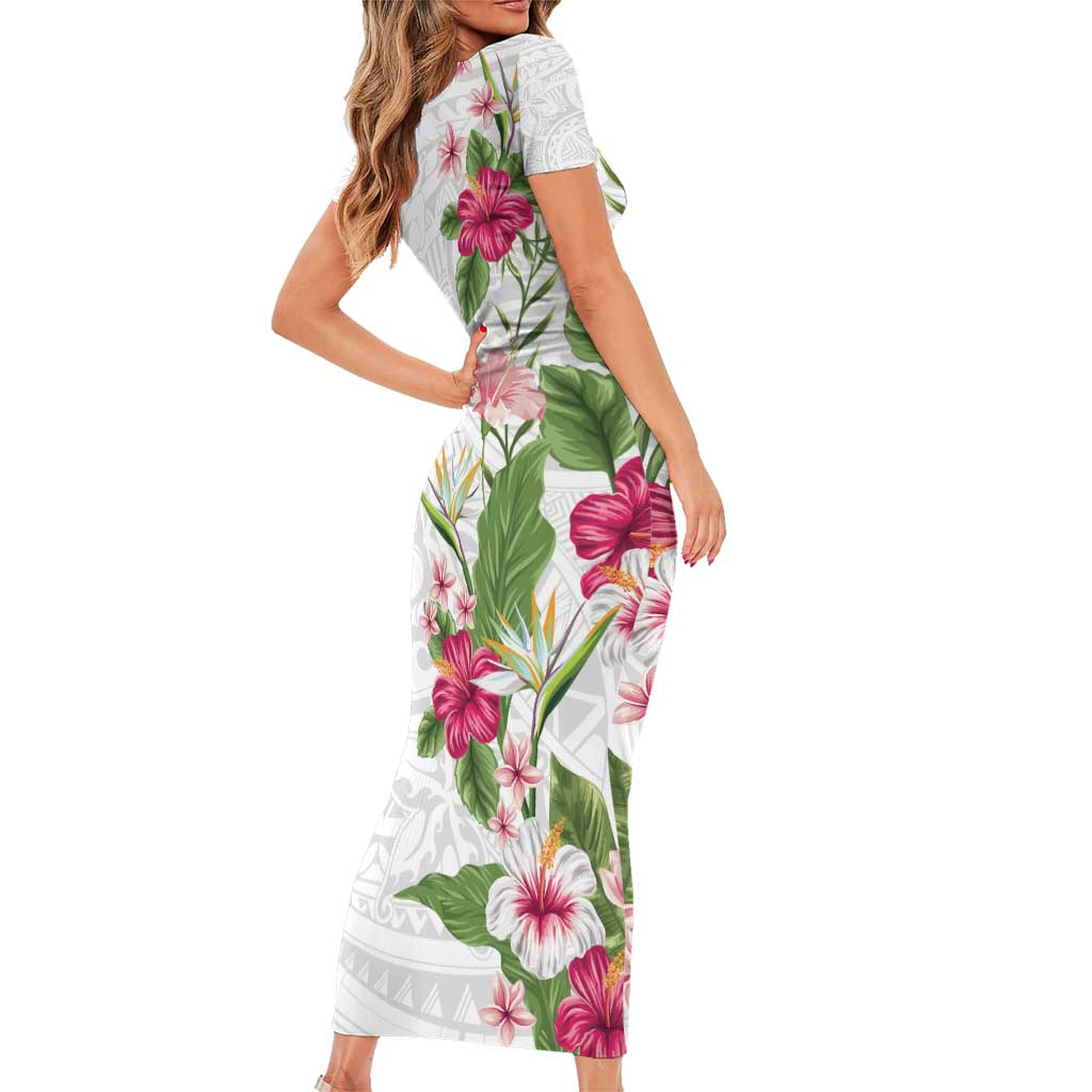 Hawaii Tropical Flowers Short Sleeve Bodycon Dress Polynesian Tattoo White