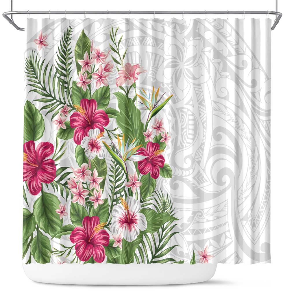 Hawaii Tropical Flowers Shower Curtain Polynesian Tattoo White LT05 White - Polynesian Pride