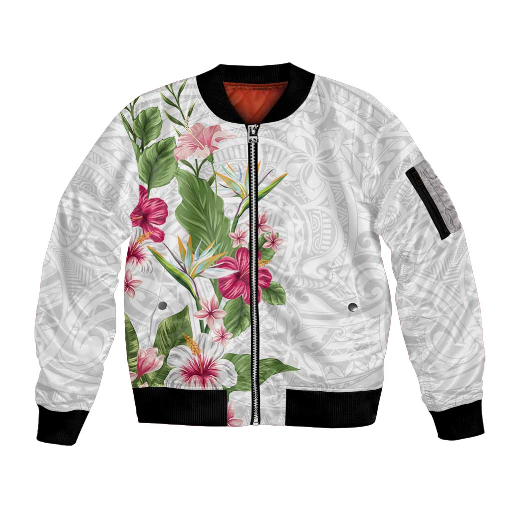 Hawaii Tropical Flowers Sleeve Zip Bomber Jacket Polynesian Tattoo White LT05 Unisex White - Polynesian Pride