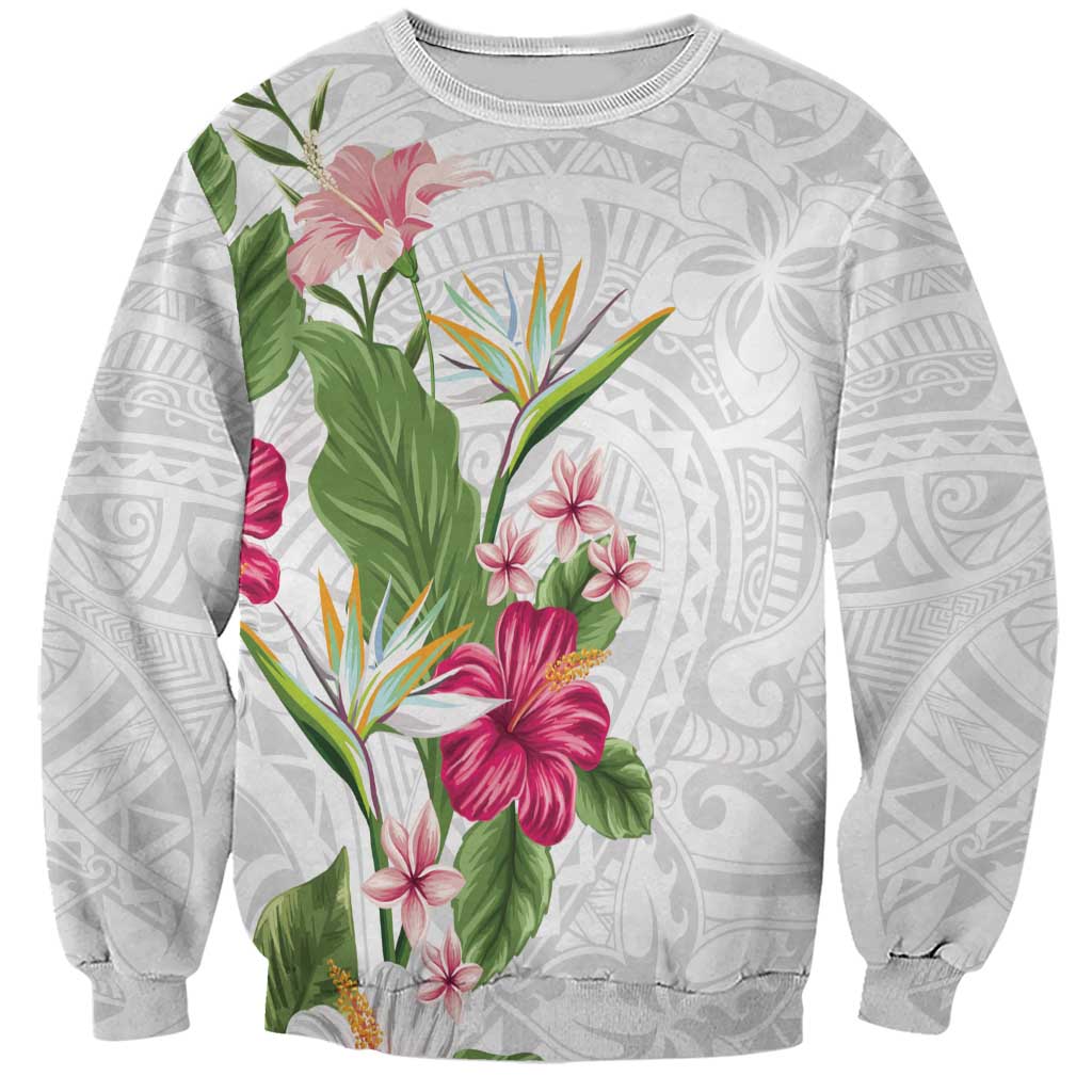 Hawaii Tropical Flowers Sweatshirt Polynesian Tattoo White LT05 Unisex White - Polynesian Pride