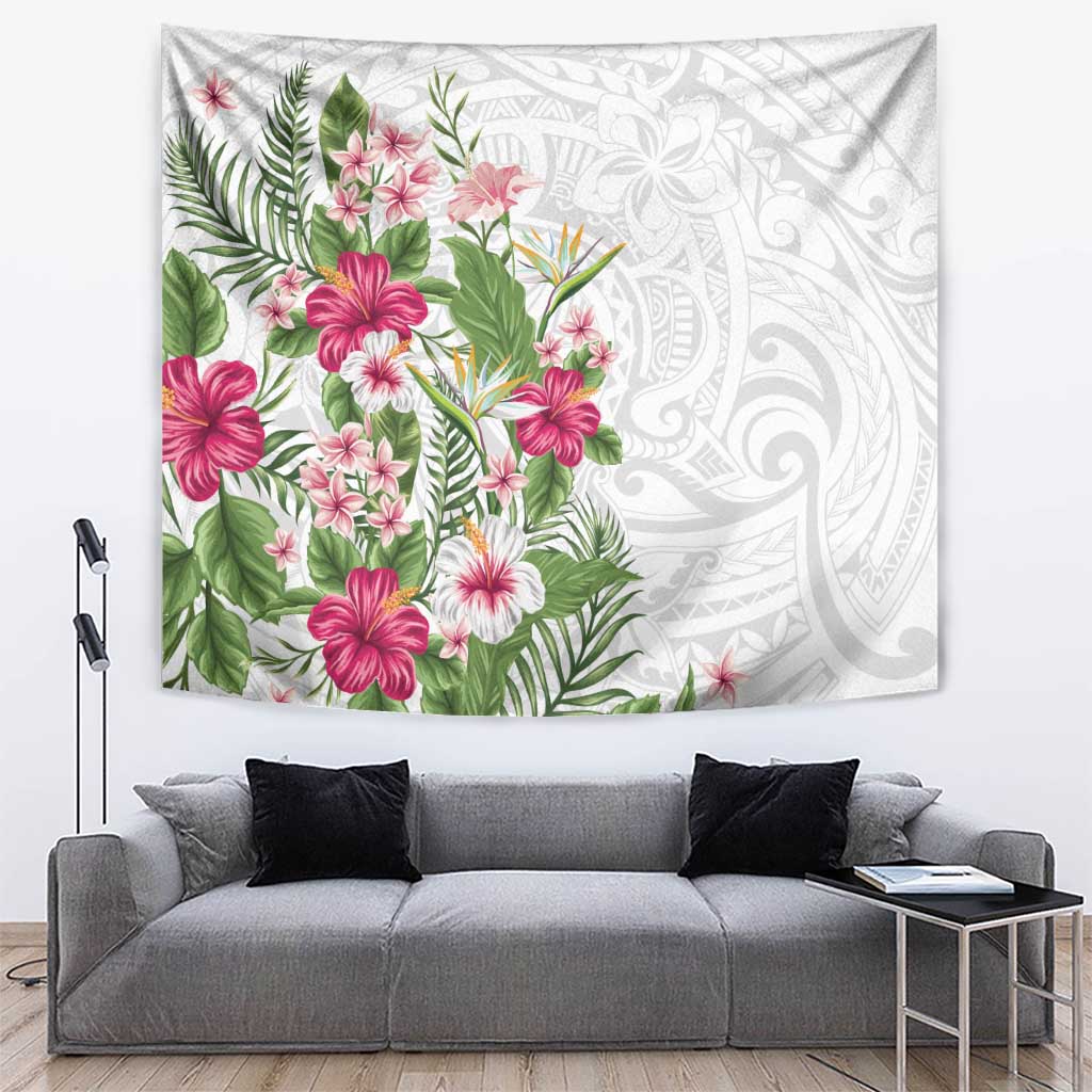 Hawaii Tropical Flowers Tapestry Polynesian Tattoo White LT05 White - Polynesian Pride