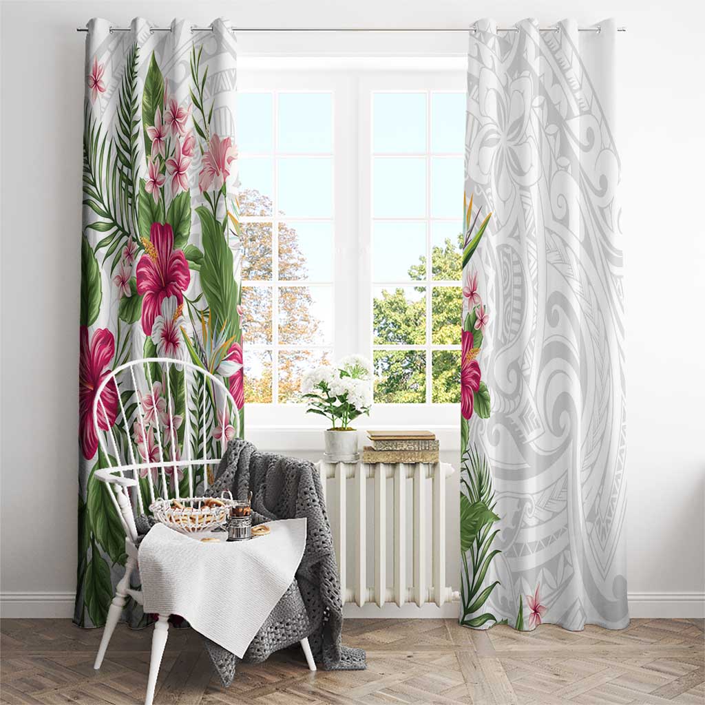 Hawaii Tropical Flowers Window Curtain Polynesian Tattoo White