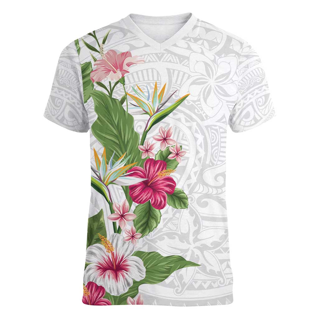 Hawaii Tropical Flowers Women V-Neck T-Shirt Polynesian Tattoo White LT05 Female White - Polynesian Pride