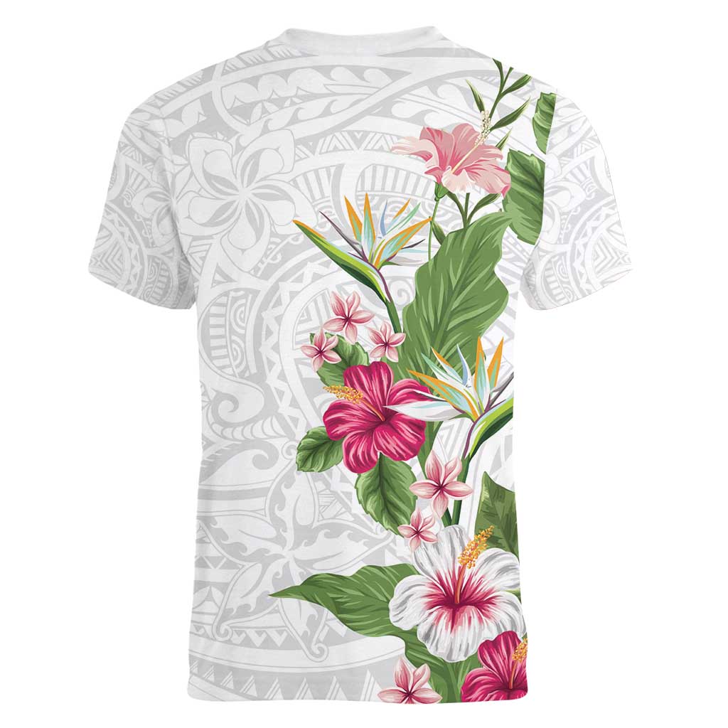 Hawaii Tropical Flowers Women V-Neck T-Shirt Polynesian Tattoo White