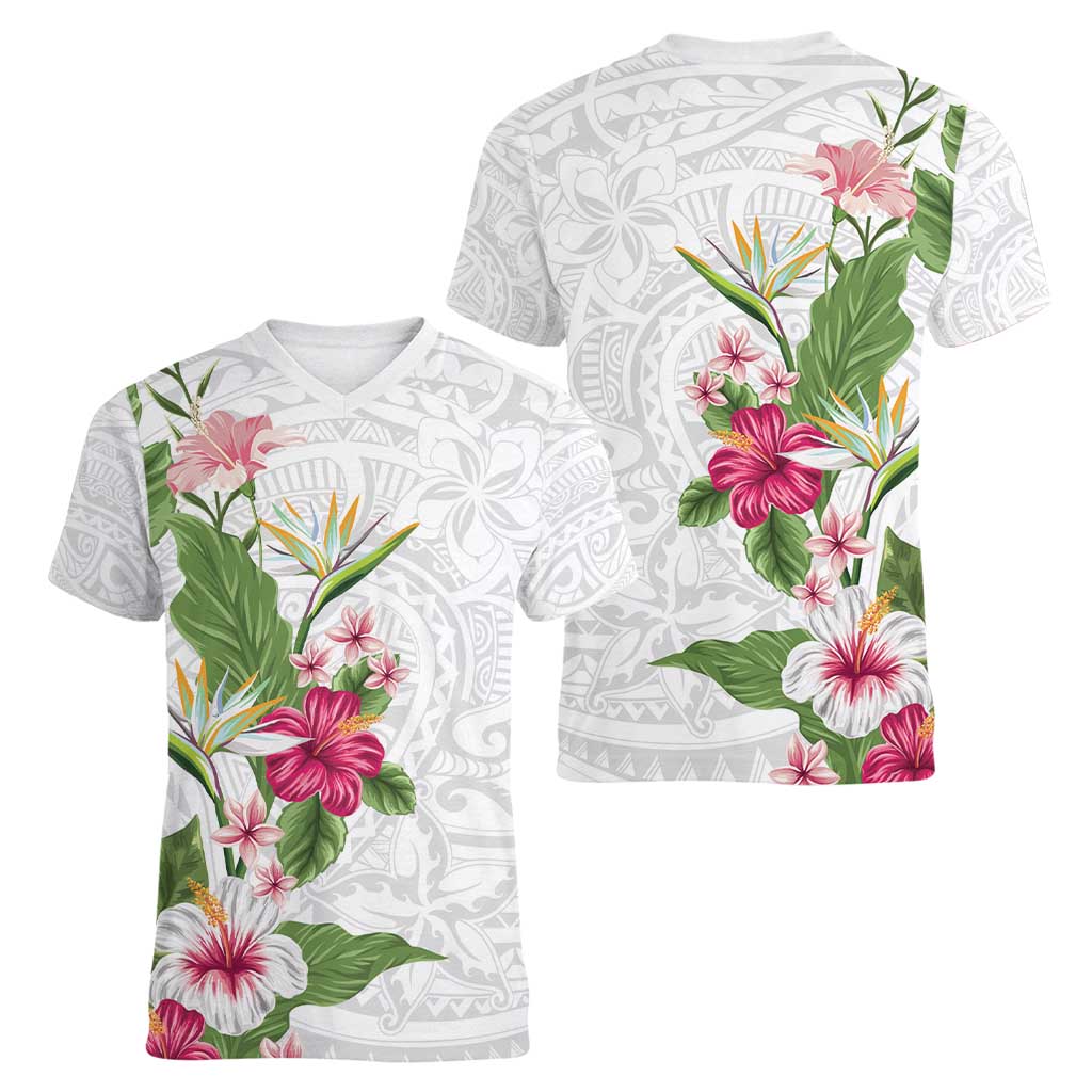 Hawaii Tropical Flowers Women V-Neck T-Shirt Polynesian Tattoo White