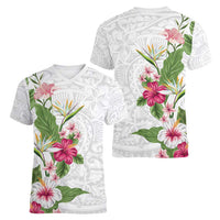 Hawaii Tropical Flowers Women V-Neck T-Shirt Polynesian Tattoo White