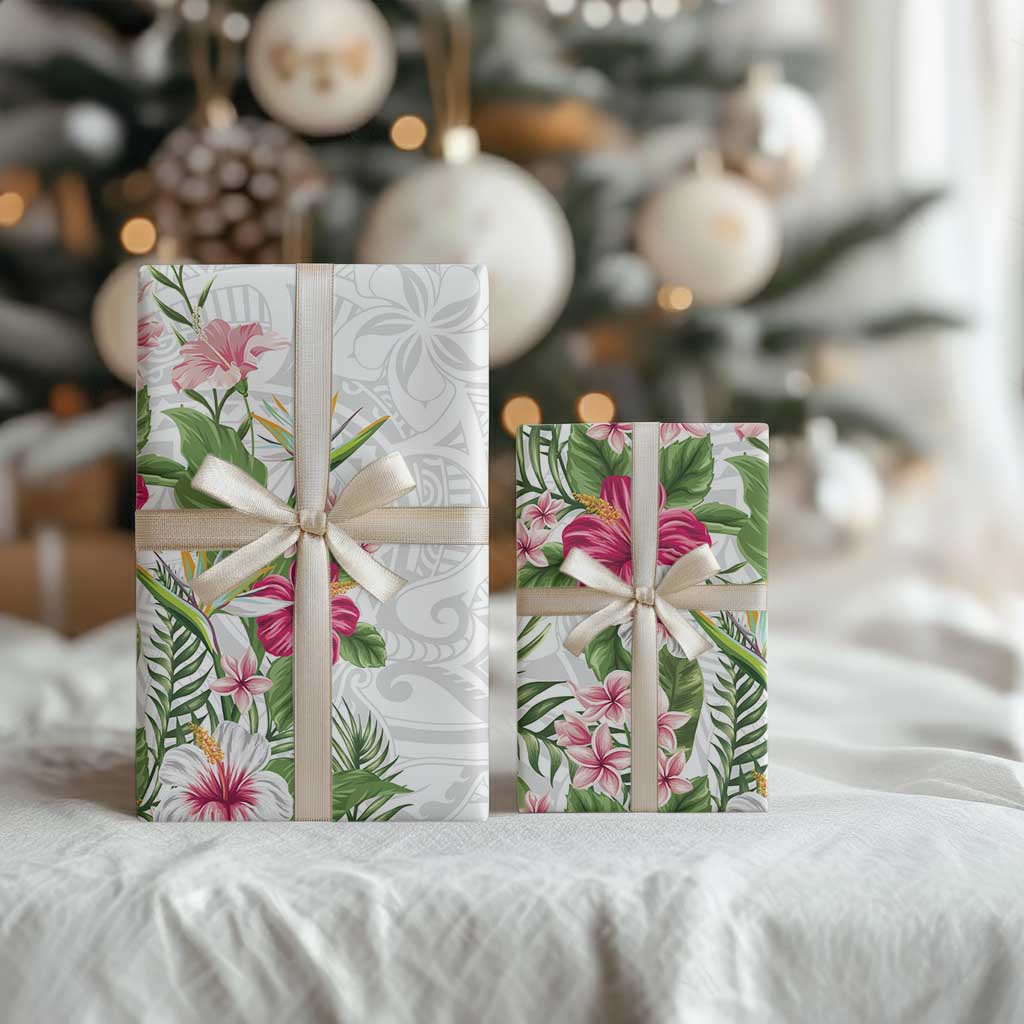 Hawaii Tropical Flowers Wrapping Paper Polynesian Tattoo White - Polynesian Pride