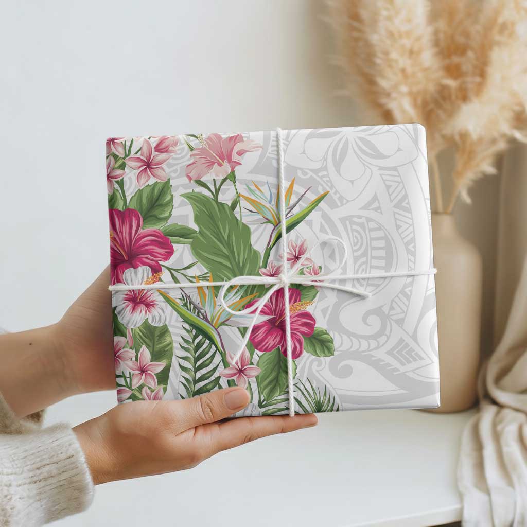 Hawaii Tropical Flowers Wrapping Paper Polynesian Tattoo White - Polynesian Pride