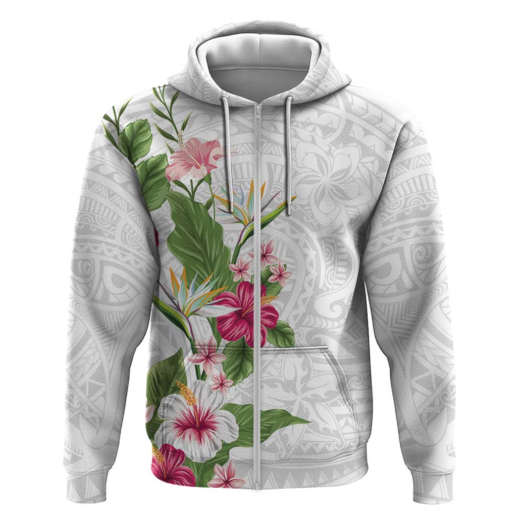 Hawaii Tropical Flowers Zip Hoodie Polynesian Tattoo White LT05 Zip Hoodie White - Polynesian Pride