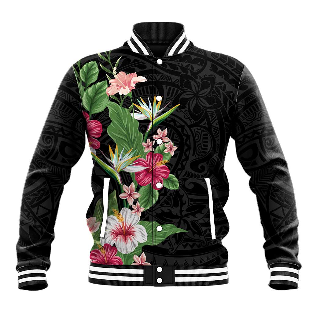 Hawaii Tropical Flowers Baseball Jacket Polynesian Tattoo Black LT05 Unisex Black - Polynesian Pride