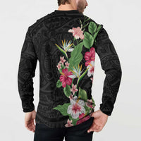 Hawaii Tropical Flowers Button Sweatshirt Polynesian Tattoo Black