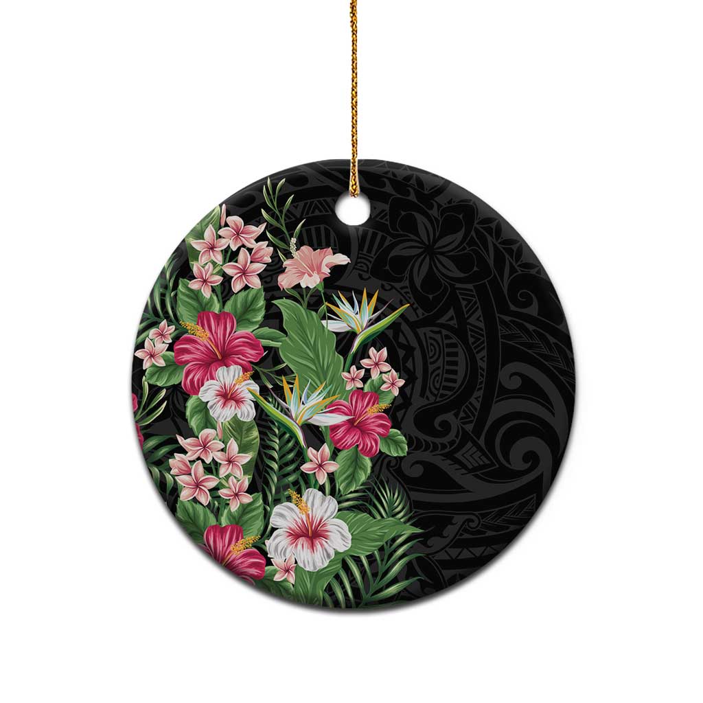 Hawaii Tropical Flowers Ceramic Ornament Polynesian Tattoo Black