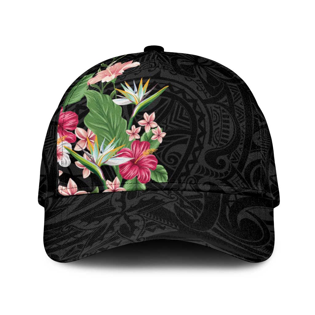 Hawaii Tropical Flowers Classic Cap Polynesian Tattoo Black