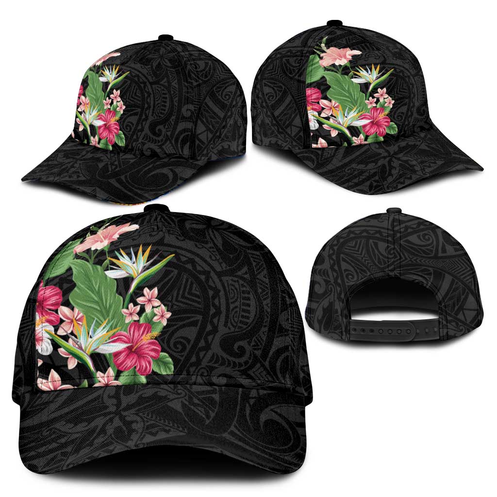 Hawaii Tropical Flowers Classic Cap Polynesian Tattoo Black