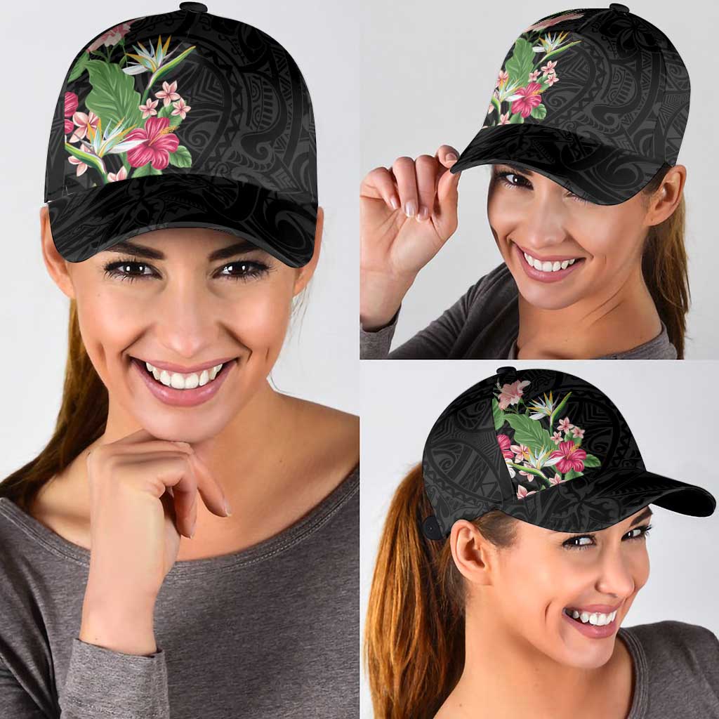 Hawaii Tropical Flowers Classic Cap Polynesian Tattoo Black