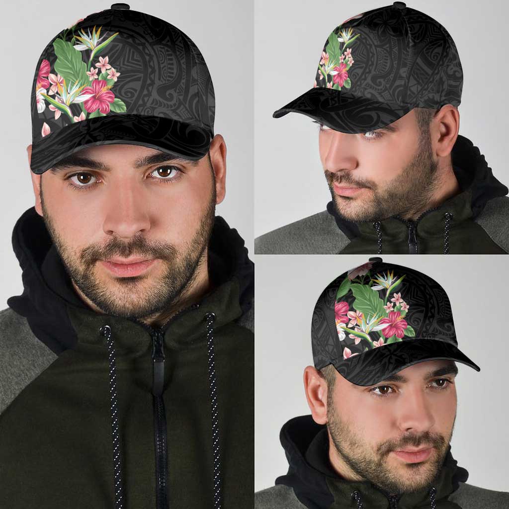 Hawaii Tropical Flowers Classic Cap Polynesian Tattoo Black