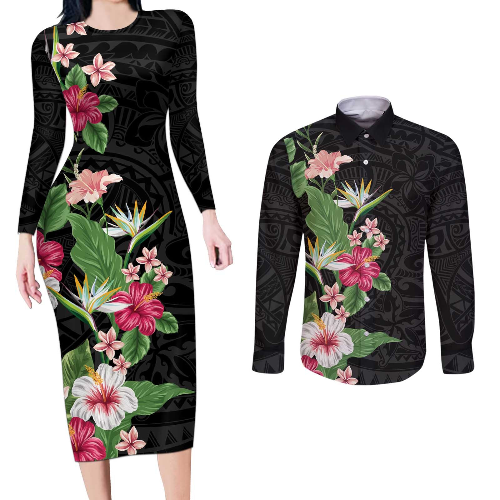 Hawaii Tropical Flowers Couples Matching Long Sleeve Bodycon Dress and Long Sleeve Button Shirt Polynesian Tattoo Black LT05 Black - Polynesian Pride