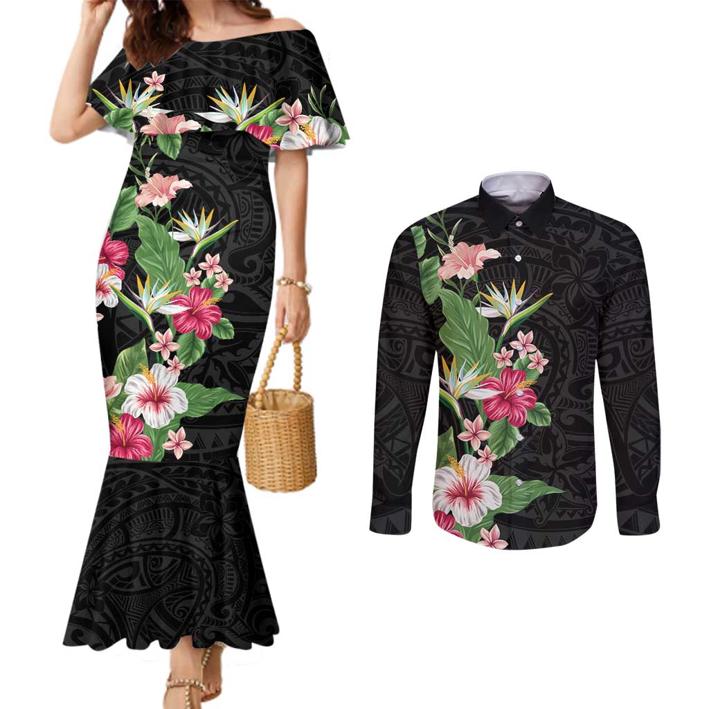 Hawaii Tropical Flowers Couples Matching Mermaid Dress and Long Sleeve Button Shirt Polynesian Tattoo Black LT05 Black - Polynesian Pride