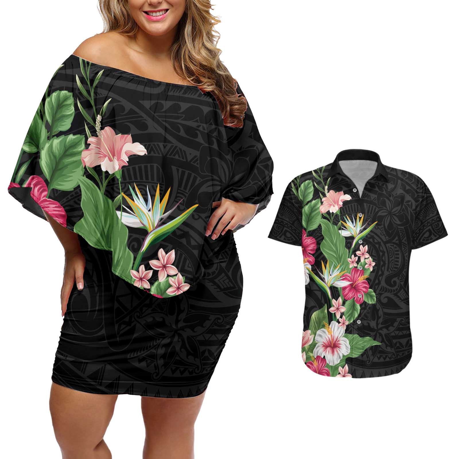 Hawaii Tropical Flowers Couples Matching Off Shoulder Short Dress and Hawaiian Shirt Polynesian Tattoo Black LT05 Black - Polynesian Pride