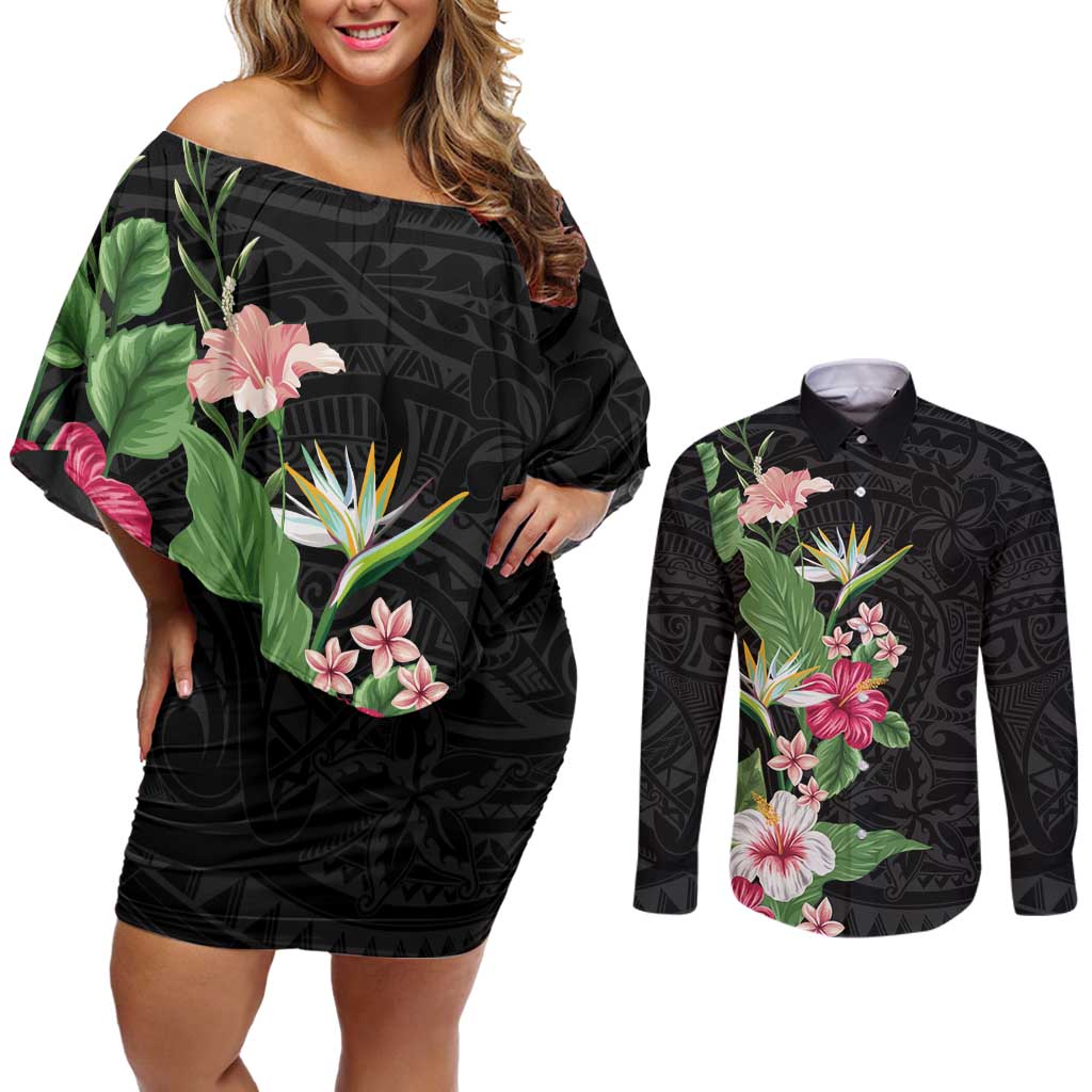 Hawaii Tropical Flowers Couples Matching Off Shoulder Short Dress and Long Sleeve Button Shirt Polynesian Tattoo Black LT05 Black - Polynesian Pride