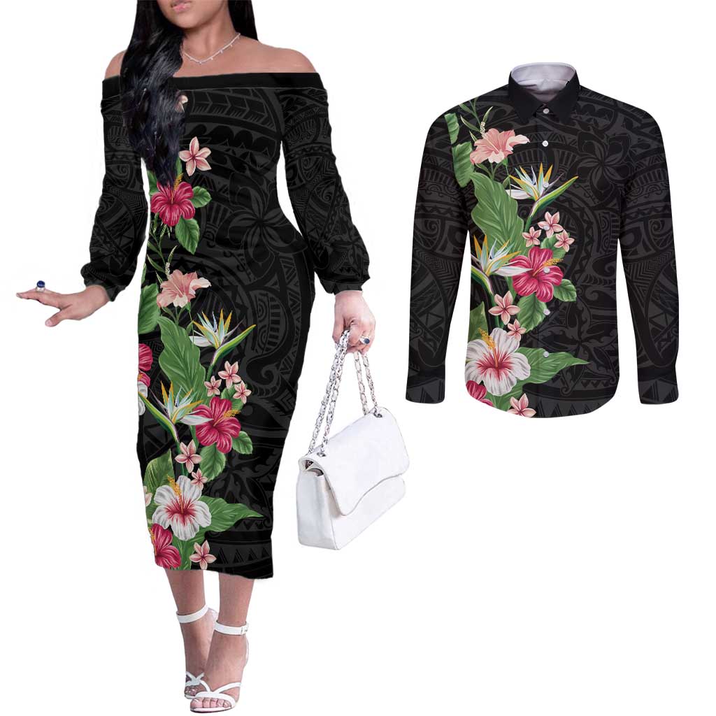 Hawaii Tropical Flowers Couples Matching Off The Shoulder Long Sleeve Dress and Long Sleeve Button Shirt Polynesian Tattoo Black LT05 Black - Polynesian Pride