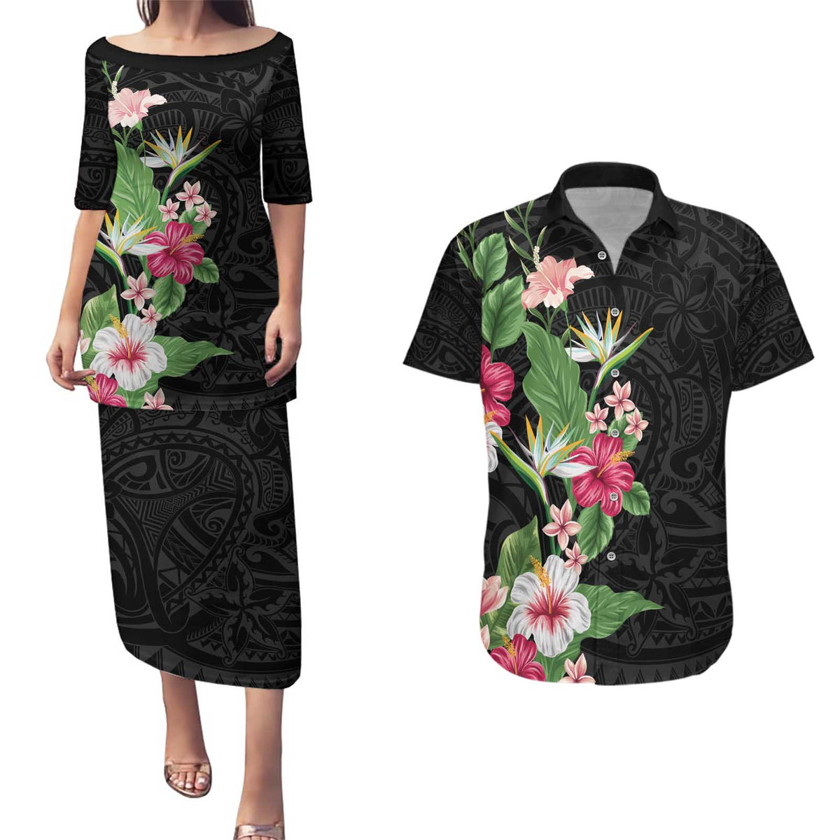 Hawaii Tropical Flowers Couples Matching Puletasi and Hawaiian Shirt Polynesian Tattoo Black