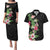 Hawaii Tropical Flowers Couples Matching Puletasi and Hawaiian Shirt Polynesian Tattoo Black