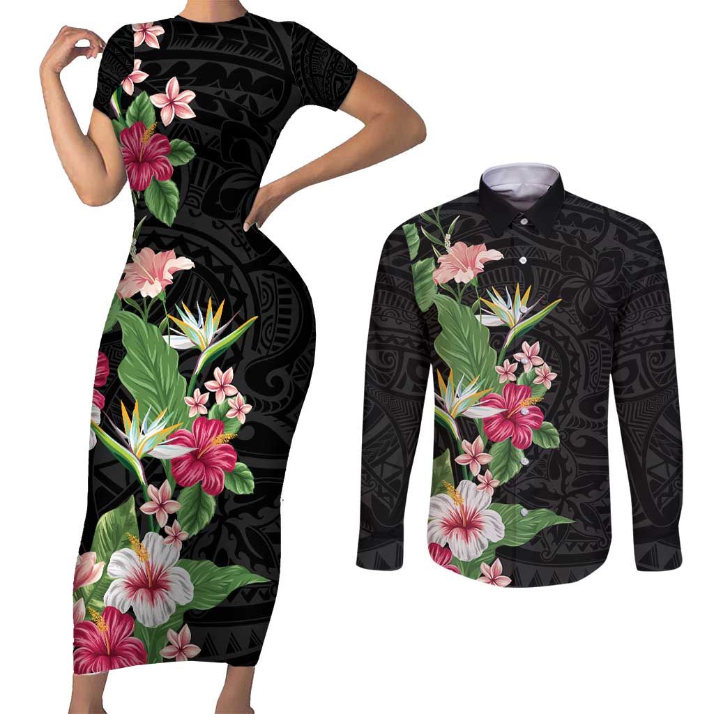 Hawaii Tropical Flowers Couples Matching Short Sleeve Bodycon Dress and Long Sleeve Button Shirt Polynesian Tattoo Black LT05 Black - Polynesian Pride