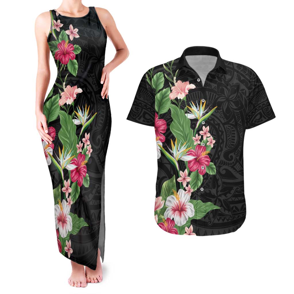 Hawaii Tropical Flowers Couples Matching Tank Maxi Dress and Hawaiian Shirt - Polynesian Tattoo Black LT05 Black - Polynesian Pride