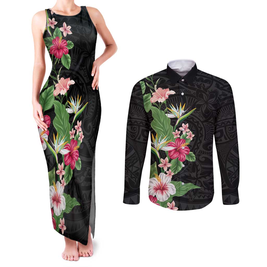 Hawaii Tropical Flowers Couples Matching Tank Maxi Dress and Long Sleeve Button Shirt Polynesian Tattoo Black LT05 Black - Polynesian Pride